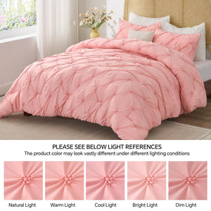 Pink boho pintuck comforter set on bed with matching shams and light lighting reference panel