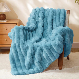 Luxurious 3D Striped Fluffy Blanket Blue