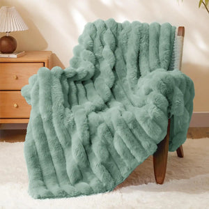 Luxurious 3D Striped Fluffy Blanket Sage Green