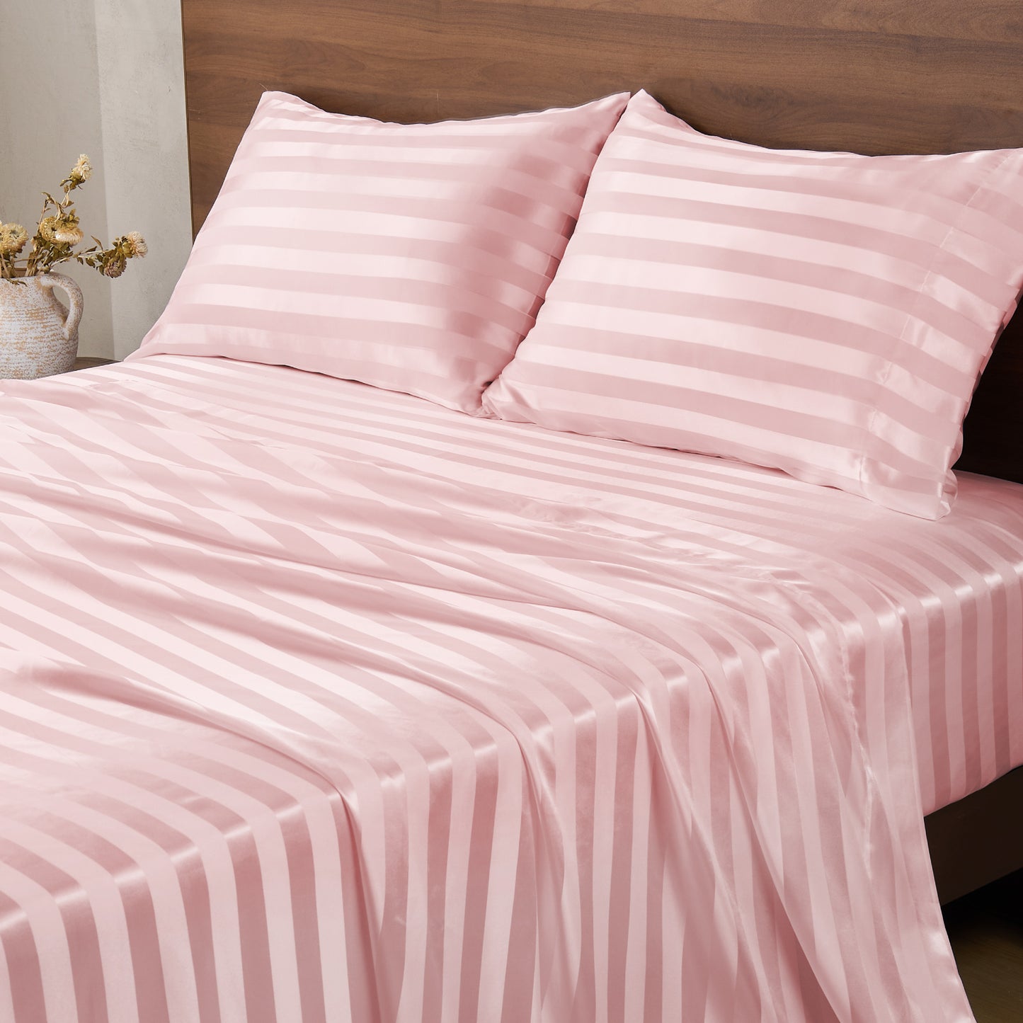 BEDELITE Satin Sheets, Luxury Jacquard Striped Bedsheets Set with Elastic Corner Straps, Similar to Silk Sheets Set with 1 Deep Pocket Fitted Sheet, 1 Flat Sheet, & Pillowcases