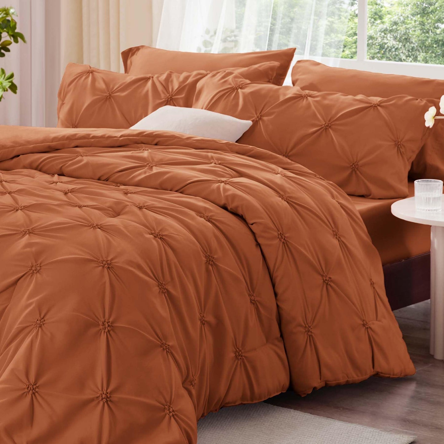BEDELITE Burnt Orange Twin Comforter Set - 2 Peices Boho Pintuck Bedding Comforter Sets, Lightweight Soft & Warm Twin Bedding Sets with 1 Pillowcase for All Season