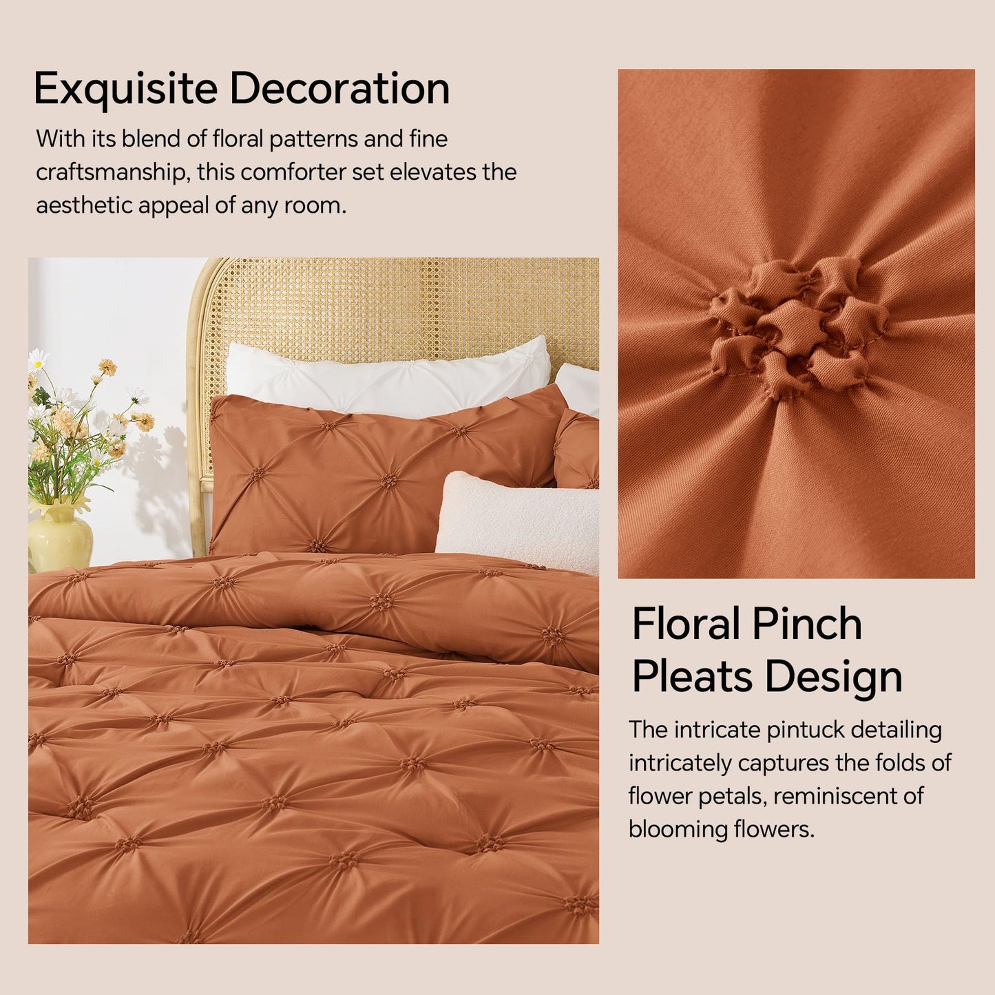 BEDELITE Burnt Orange Twin Comforter Set - 2 Peices Boho Pintuck Bedding Comforter Sets, Lightweight Soft & Warm Twin Bedding Sets with 1 Pillowcase for All Season