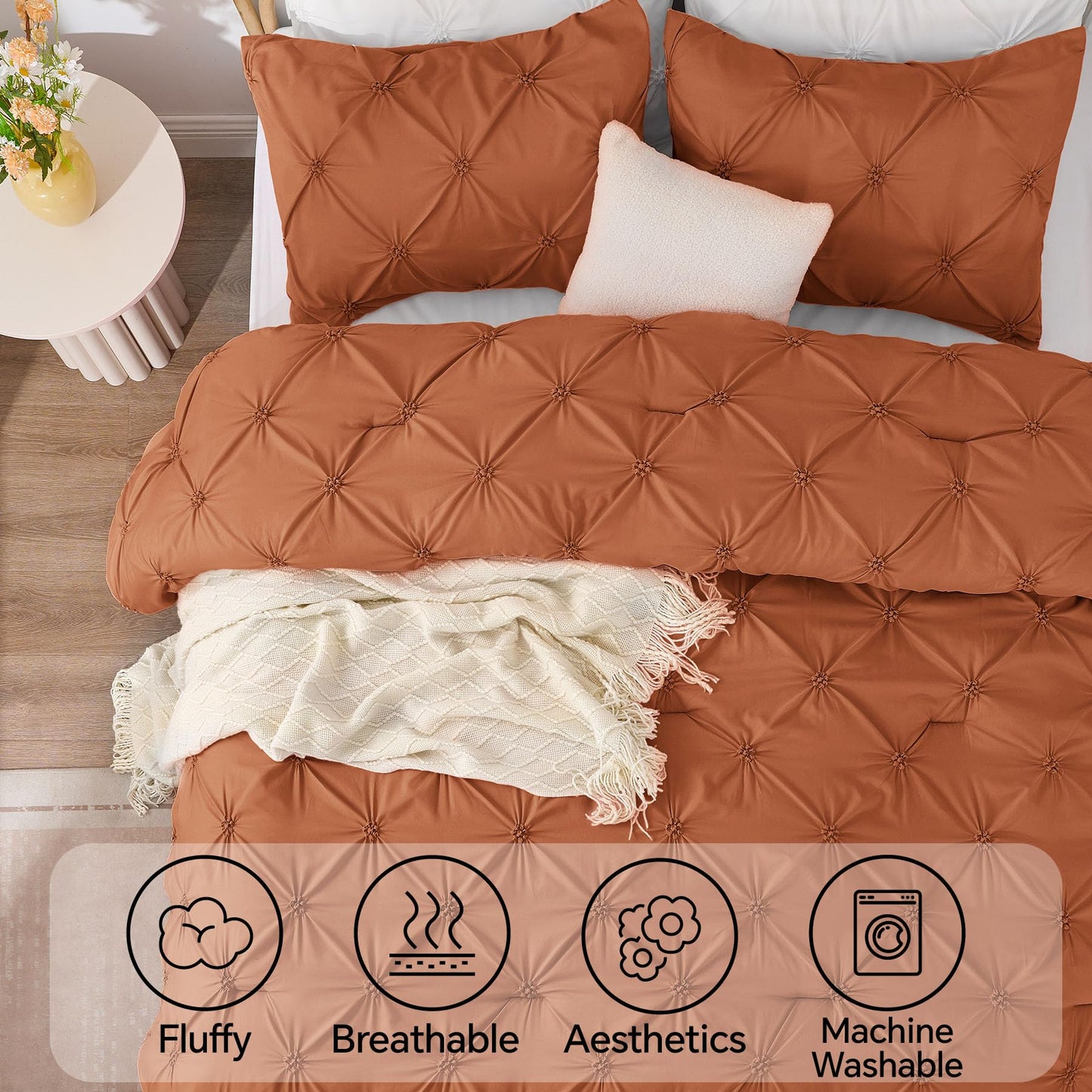 BEDELITE Burnt Orange Twin Comforter Set - 2 Peices Boho Pintuck Bedding Comforter Sets, Lightweight Soft & Warm Twin Bedding Sets with 1 Pillowcase for All Season