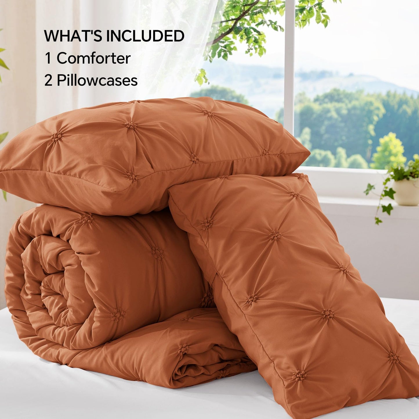 BEDELITE Burnt Orange Twin Comforter Set - 2 Peices Boho Pintuck Bedding Comforter Sets, Lightweight Soft & Warm Twin Bedding Sets with 1 Pillowcase for All Season