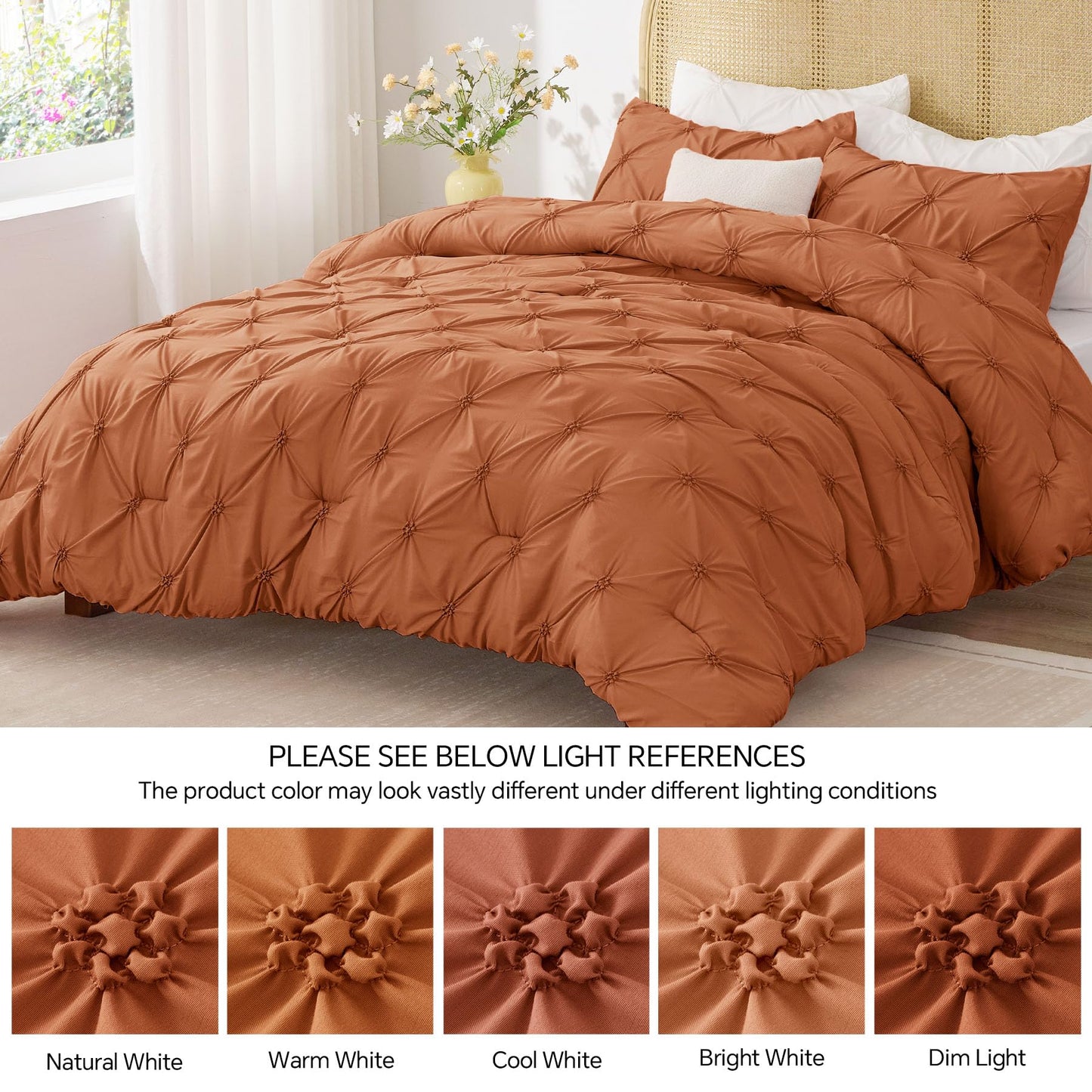 BEDELITE Burnt Orange Twin Comforter Set - 2 Peices Boho Pintuck Bedding Comforter Sets, Lightweight Soft & Warm Twin Bedding Sets with 1 Pillowcase for All Season