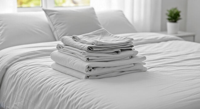 Folded bedding stacked on a made bed