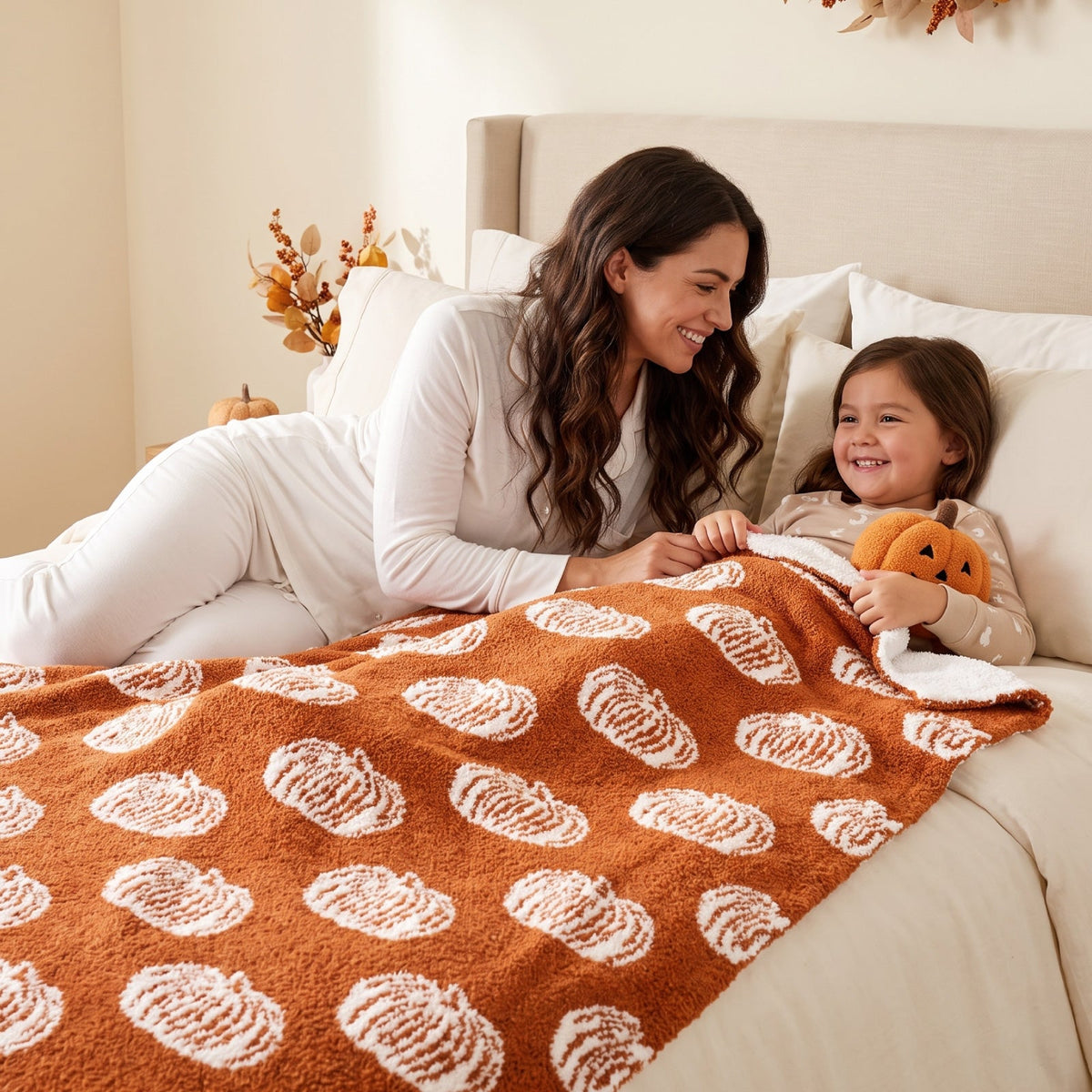 Smiling mom and child snuggling under a cozy orange pumpkin blanket on a bed decorated for autumn.