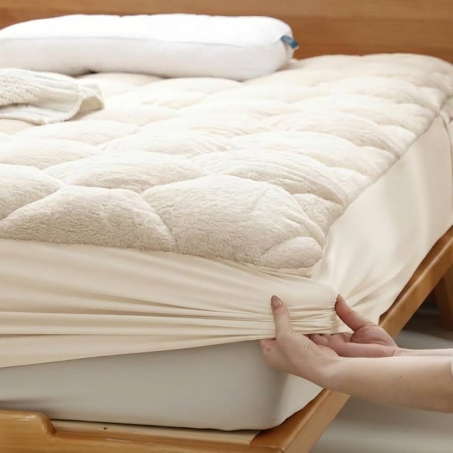 A person pulling a fitted sheet over the corner of a bed with a thick padded layer