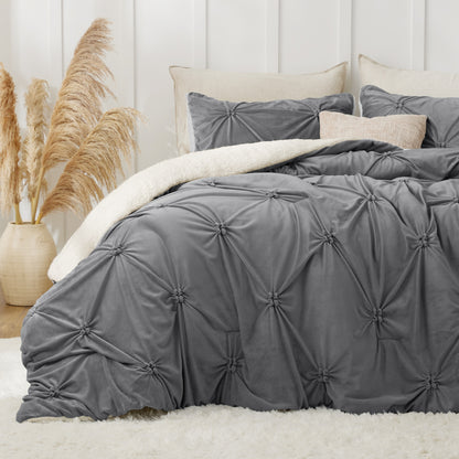 BEDELITE Pintuck Fluffy Comforter Set - Super Soft Sherpa Comforter , Luxury Warm Bedding Set for Winter, Fuzzy Bed Set