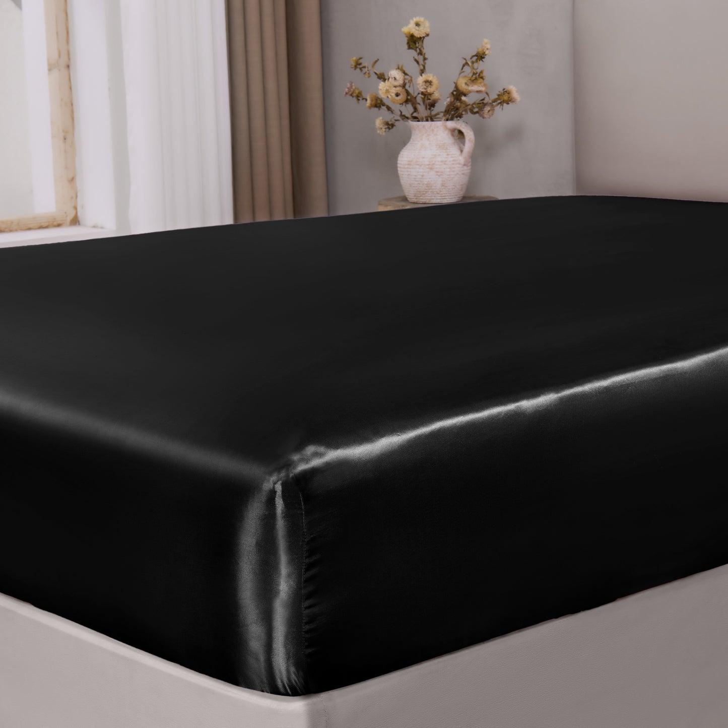 BEDELITE Satin Fitted Sheet with Elastic Corner Straps, Luxury Soft Silk-Like Bed Sheet for Hair & Skin, 1 Deep Pocket Fitted Sheet Only Fits 15" Mattress, Fade & Wrinkle Resistant