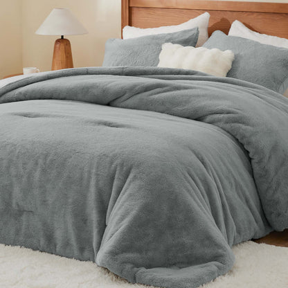 BEDELITE Faux Fur Fleece Queen Comforter Set - Fluffy & Warm Grey Comforter Queen Size，Ultra Soft and Cozy Winter Bedding Set,Fuzzy Thick Bed Set,1 Comforter and 2 Pillowcases