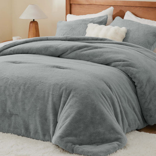 BEDELITE Faux Fur Fleece Queen Comforter Set - Fluffy & Warm Grey Comforter Queen Size，Ultra Soft and Cozy Winter Bedding Set,Fuzzy Thick Bed Set,1 Comforter and 2 Pillowcases