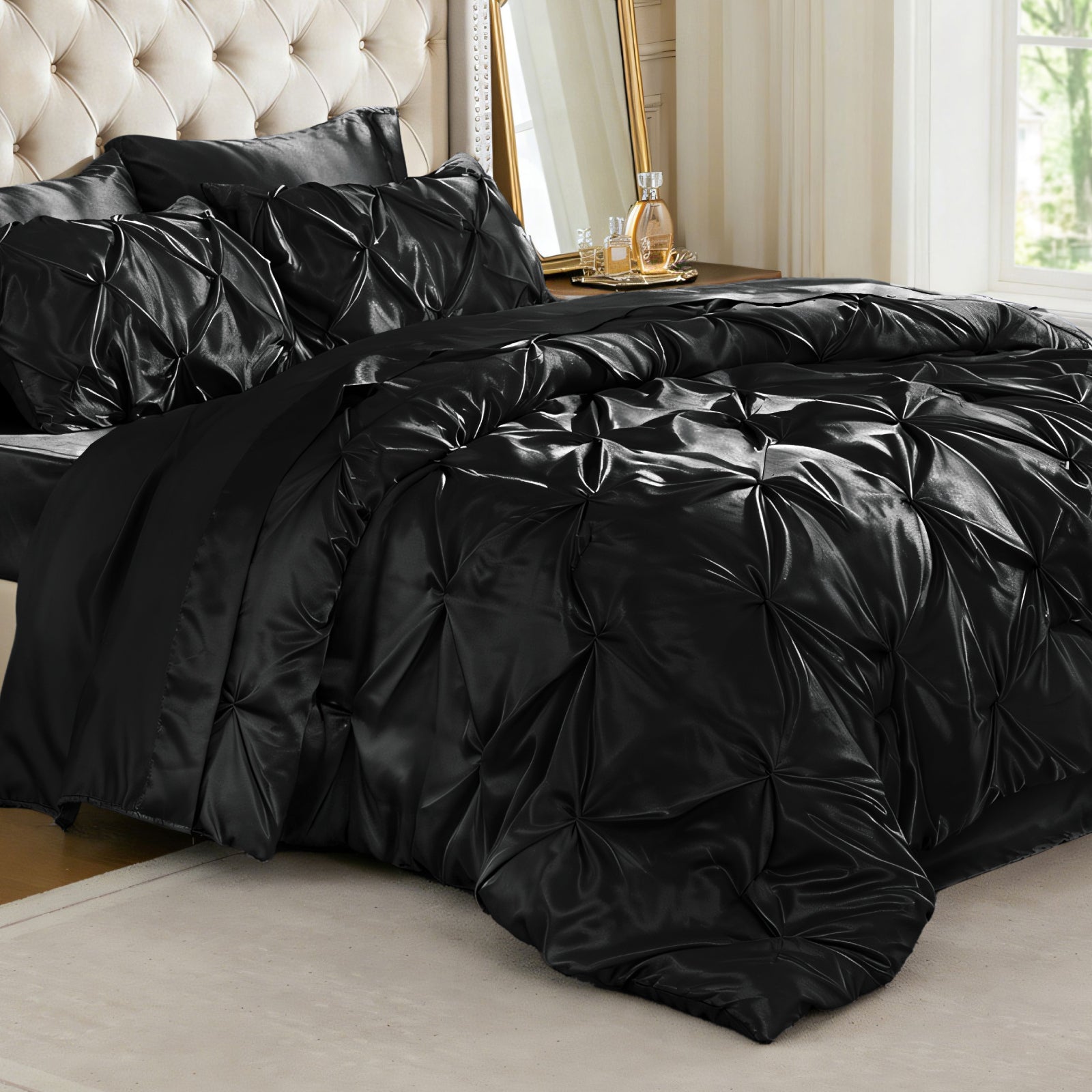 BEDELITE Satin Comforter Set , Luxury Pintuck Bed in A Bag with Comforter, Flat Sheet, Fitted Sheet, Pillowcases, Shams, Soft Cozy Similar to Silk Bed Set for All Seasons