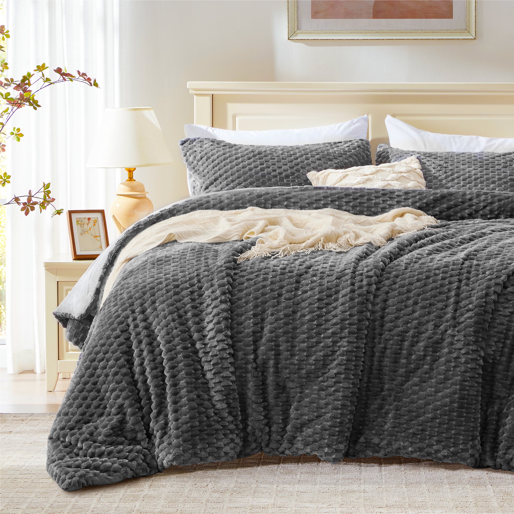 BEDELITE Fluffy Comforter Set - Fleece Soft Comforter for Ful Size Bed, Luxury Warm Bedding Set for Winter, Fuzzy Bed Set 3 Pieces