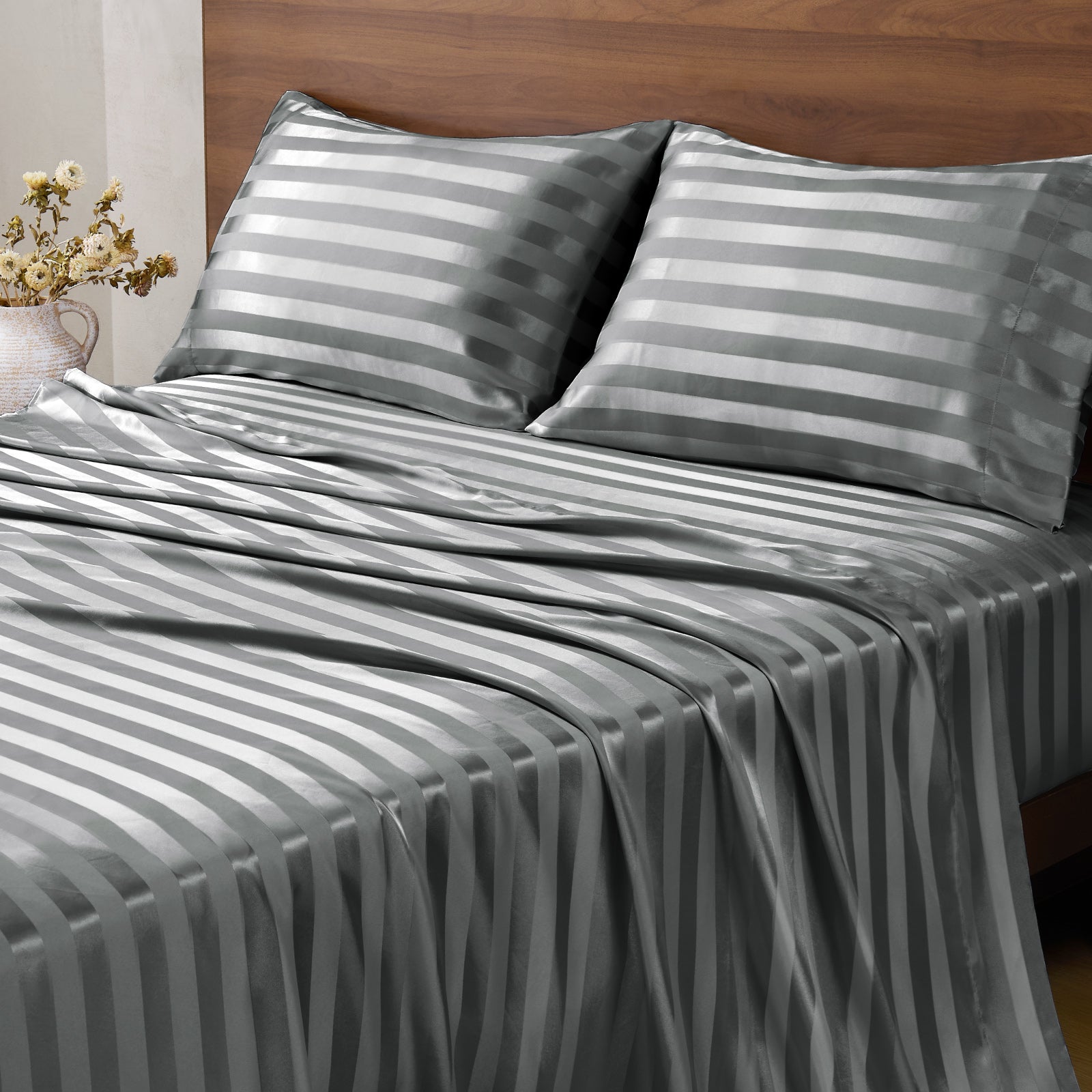 BEDELITE Satin Sheets, Luxury Jacquard Striped Bedsheets Set with Elastic Corner Straps, Similar to Silk Sheets Set with 1 Deep Pocket Fitted Sheet, 1 Flat Sheet, & Pillowcases