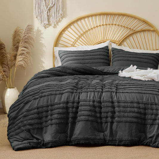 BEDELITE Boho Comforter Set, Tufted Striped Bed Set, Soft Vintage Farmhouse Comforter for All Seasons, Boho Home Decor,Fluffy Jacquard Bedding