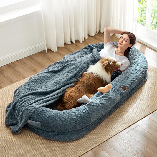 Human Dog Bed for Adult - Luxury Faux Fur Giant Size Dog Bed with Portable Handle, Egg Orthopedic Foam Bed with Blanket, 72"x40"x10"