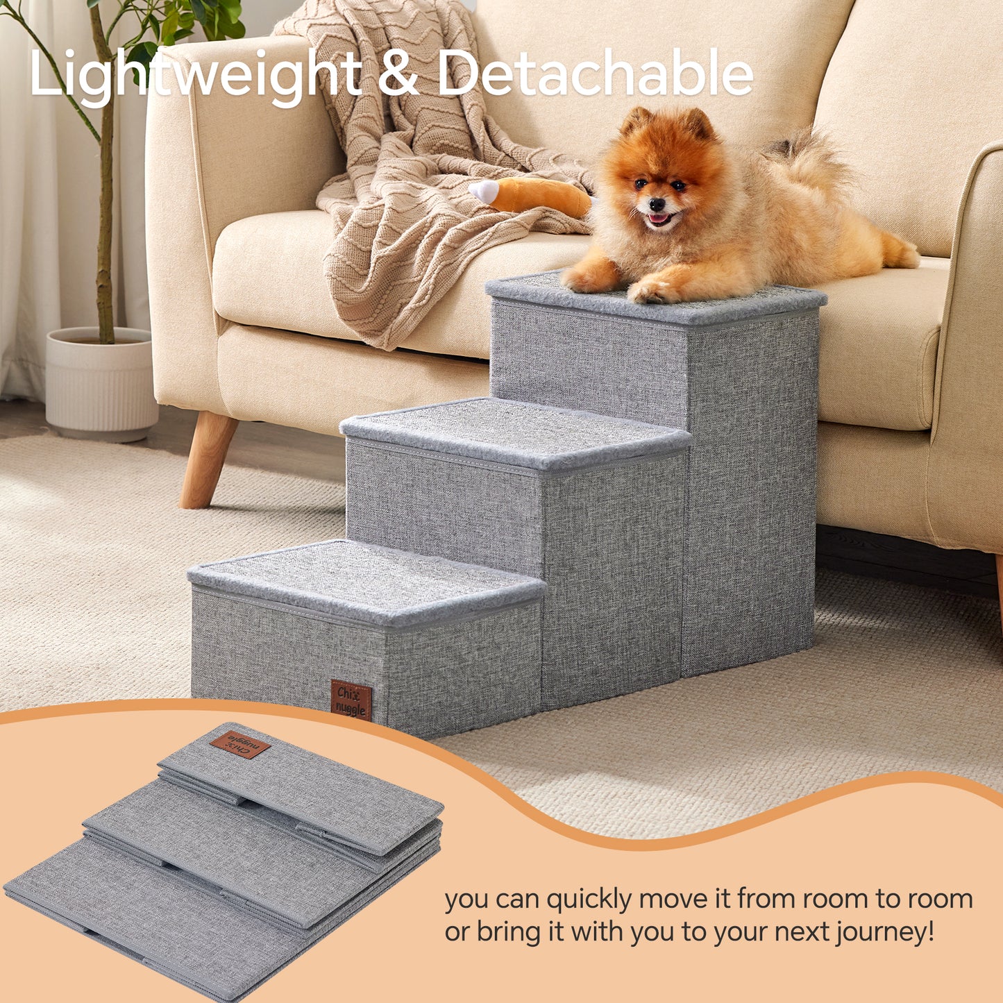 ChiXnuggle Dog Stairs for Bed and Couch - 17" H, 3 Step Portable Dog Steps with Detachable Mats & Storage, Foldable Pet Steps for Small Medium or Large Dogs Puppy, Grey