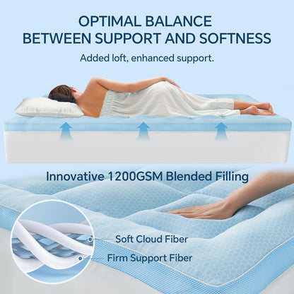 BEDELITE Pillow Top Mattress Topper for Back Pain Relief(1200GSM Down Alternative), Cooling Mattress Topper for Hot Sleepers, Extra Thick Quilted Mattress Pad Cover with 8"-21" Deep Pocket