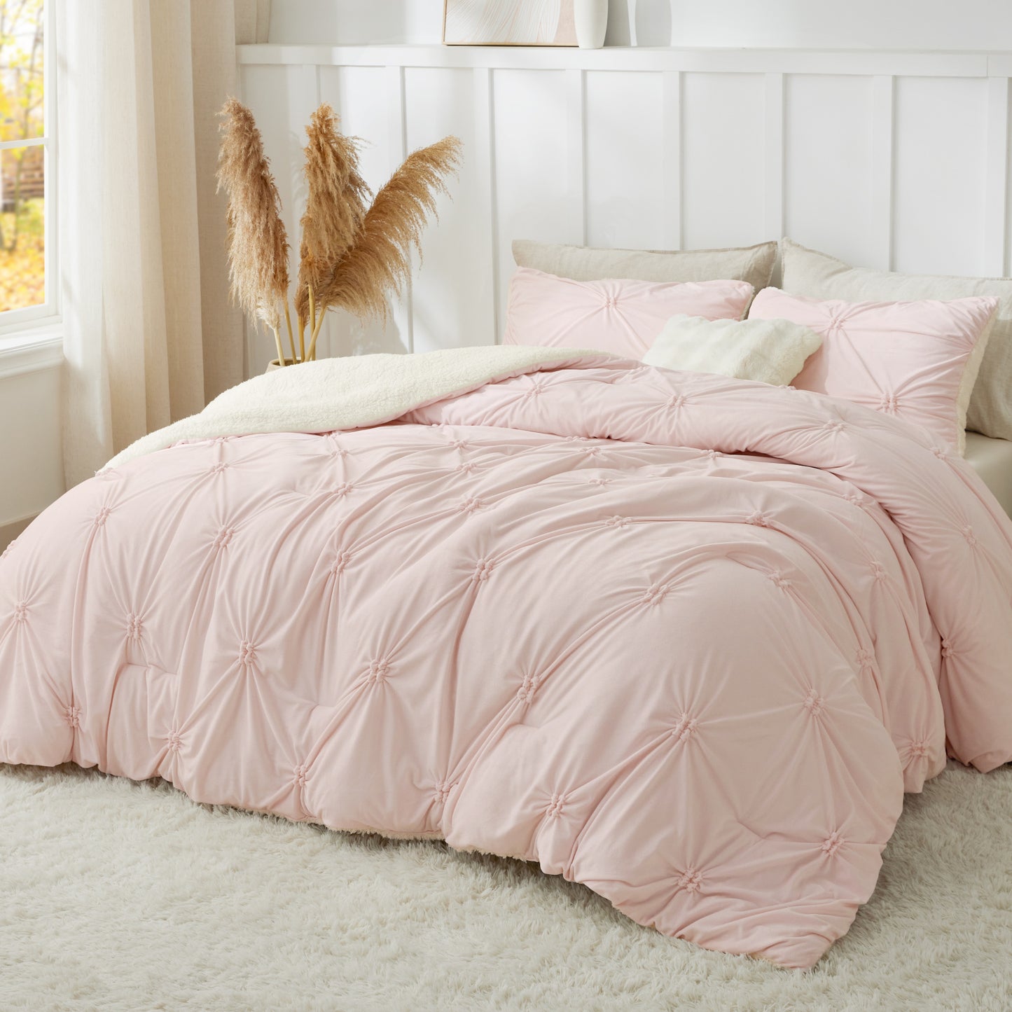 BEDELITE Pintuck Fluffy Comforter Set - Super Soft Sherpa Comforter , Luxury Warm Bedding Set for Winter, Fuzzy Bed Set