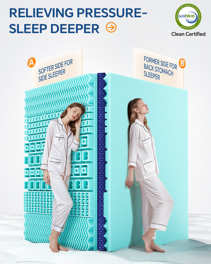 BEDELITE Mattress Topper Dual Layer 4 Inch Memory Foam Mattress Topper, Bamboo Pilow Top Mattress Pad and Premium Gel Foam Mattress, with Stretchable Pockets Up to 6"-24"