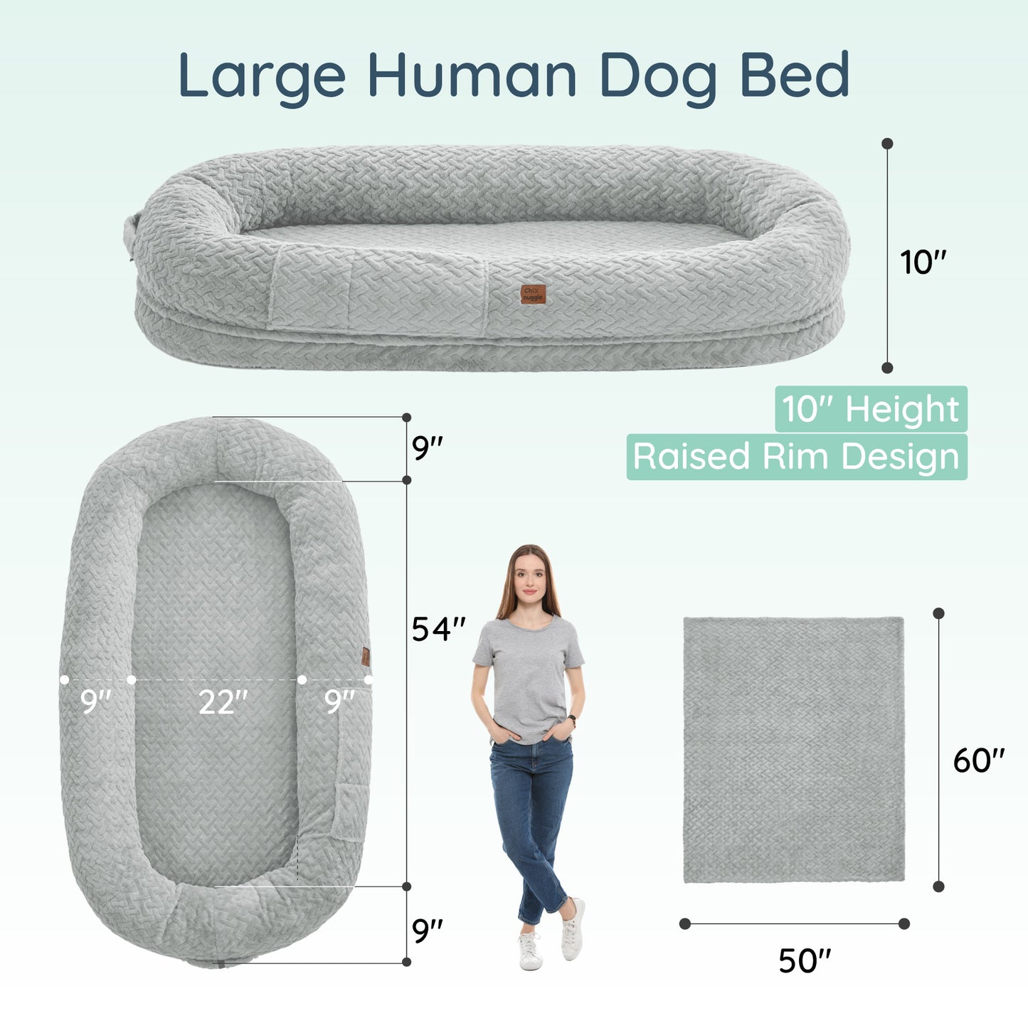 Human Dog Bed for Adult - Luxury Faux Fur Giant Size Dog Bed with Portable Handle, Egg Orthopedic Foam Bed with Blanket, 72"x40"x10"