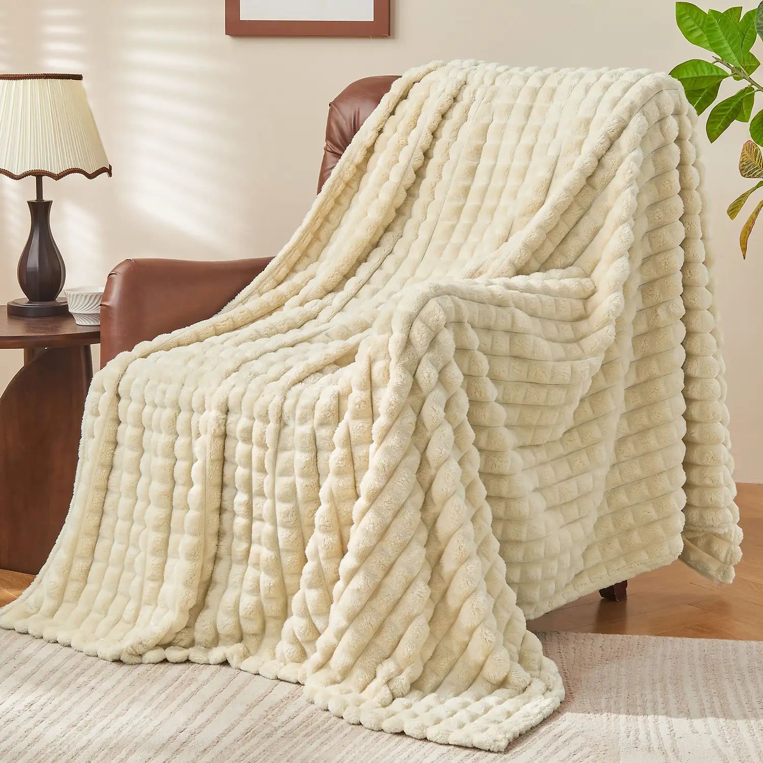 3D Checkered Jacquard Throw Blanket Beige