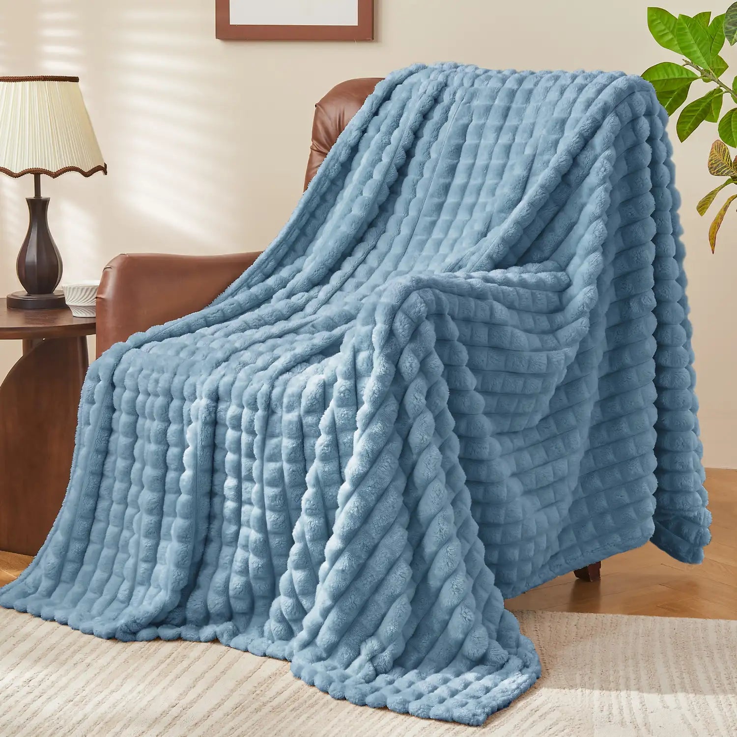 3D Checkered Jacquard Throw Blanket Blue