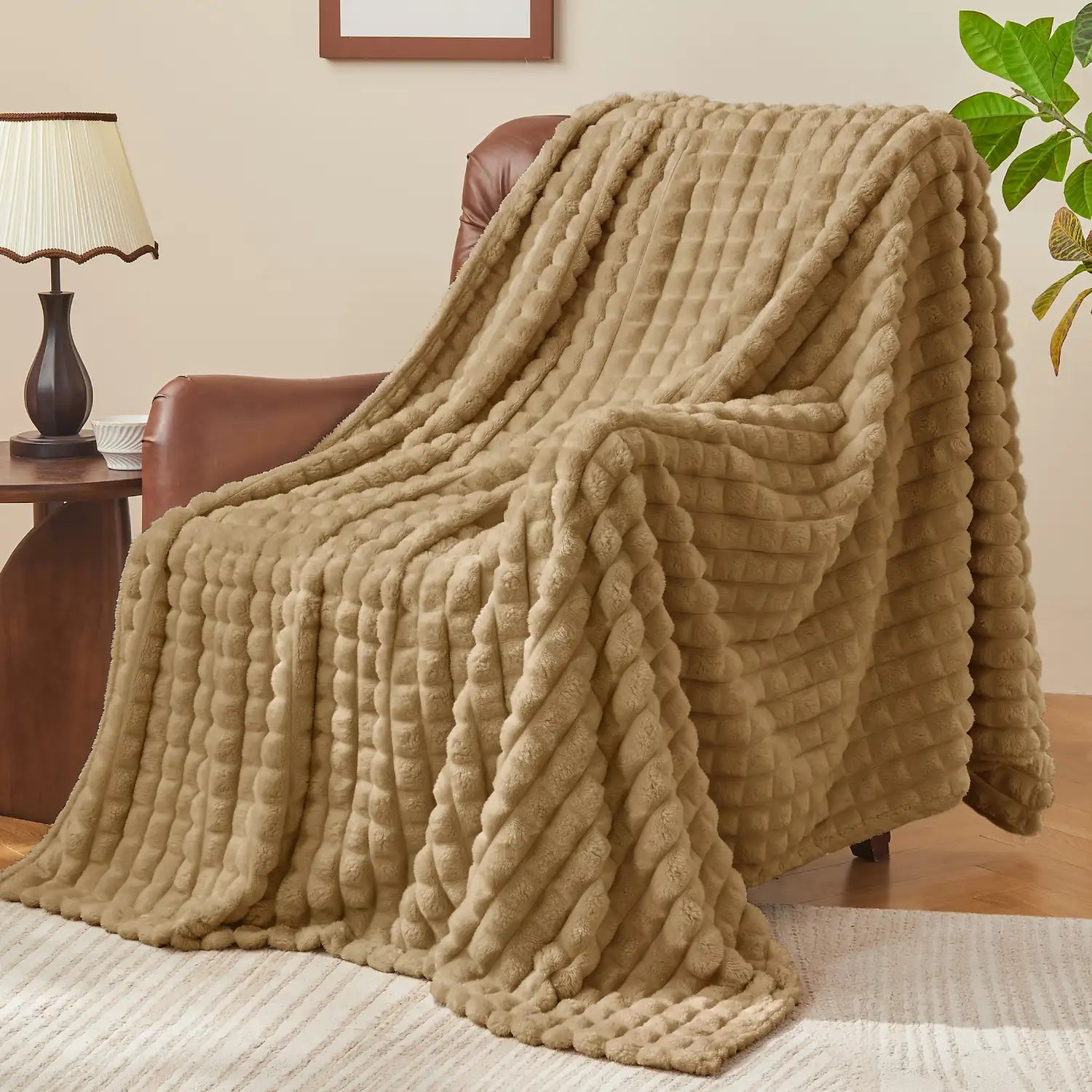 3D Checkered Jacquard Throw Blanket Camel