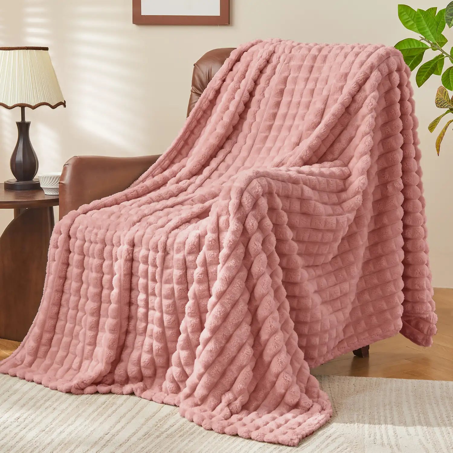 3D Checkered Jacquard Throw Blanket Dusty Pink