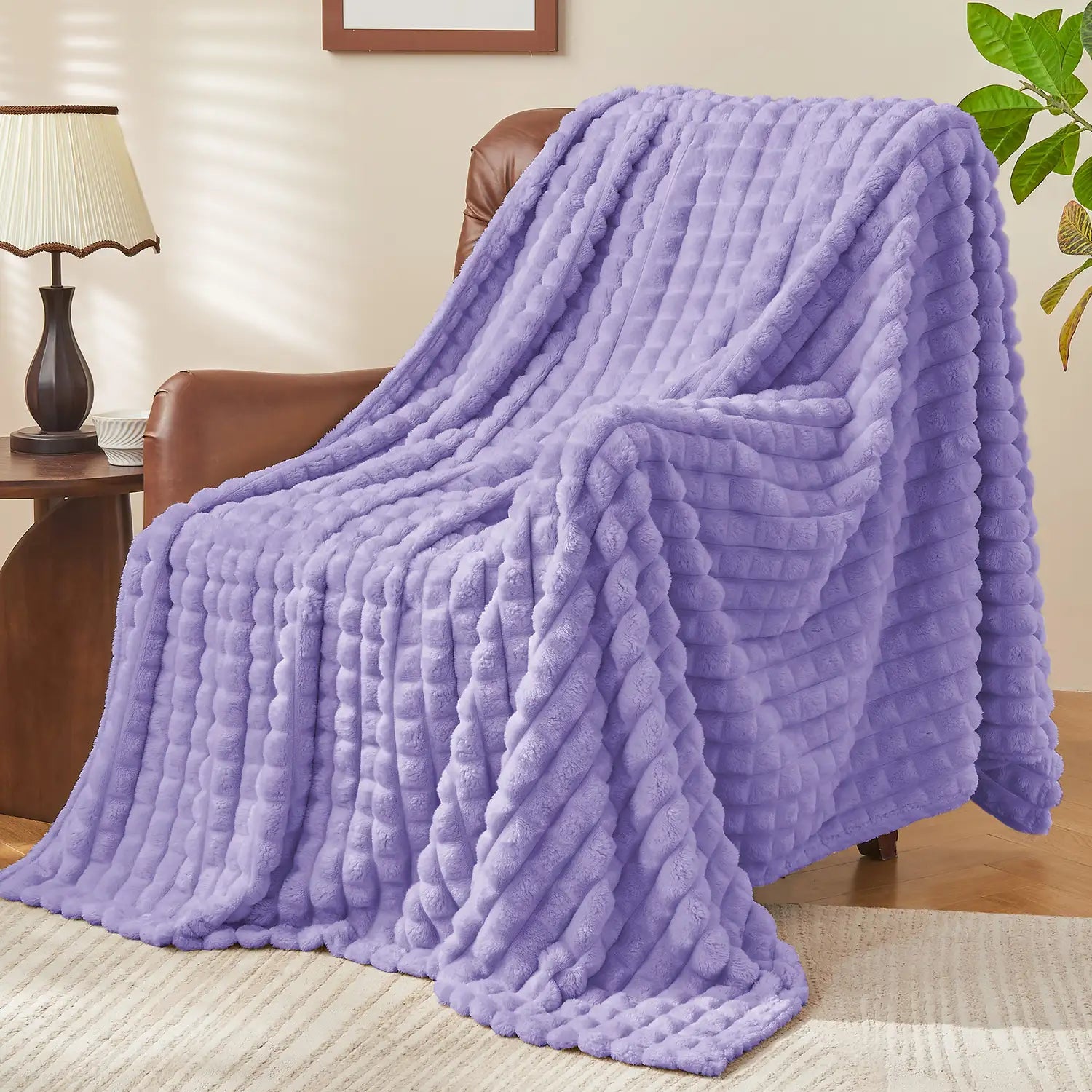 3D Checkered Jacquard Throw Blanket Lavender