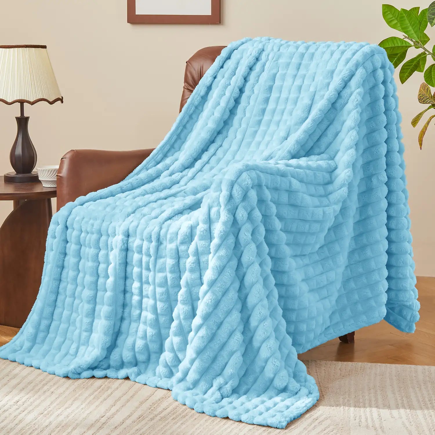 3D Checkered Jacquard Throw Blanket Light Blue