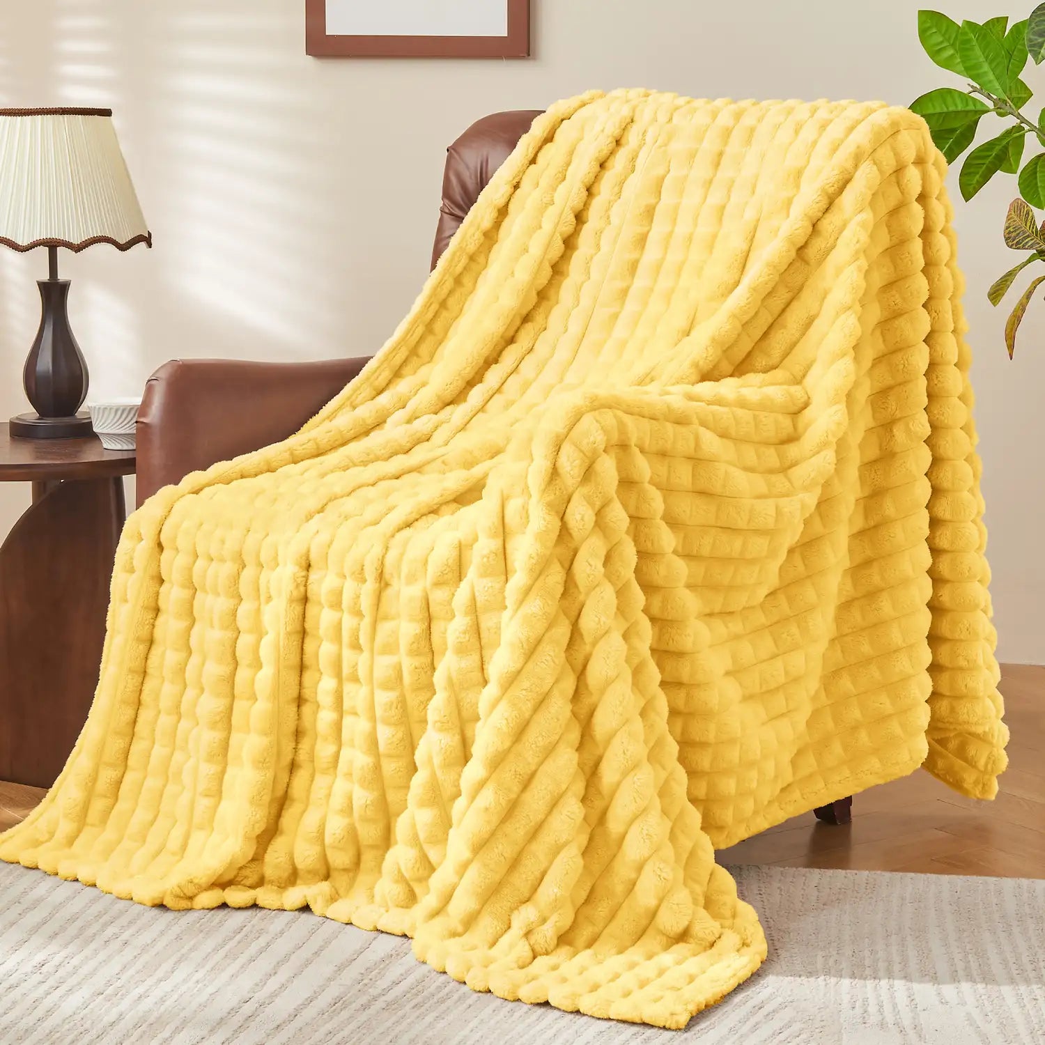 3D Checkered Jacquard Throw Blanket Light Yellow