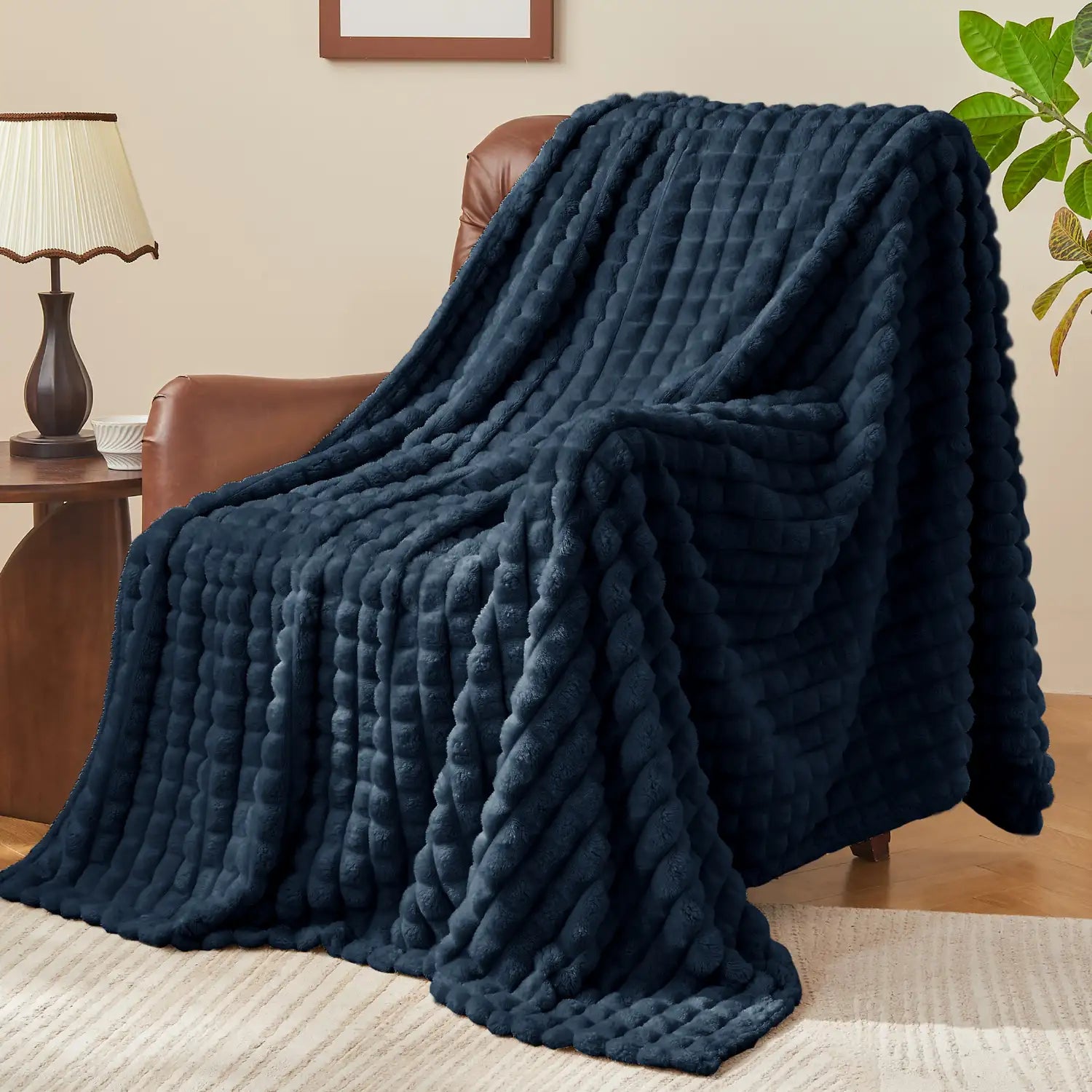 3D Checkered Jacquard Throw Blanket Navy