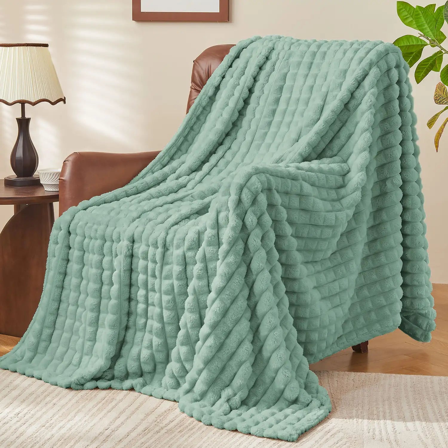 3D Checkered Jacquard Throw Blanket Sage Green