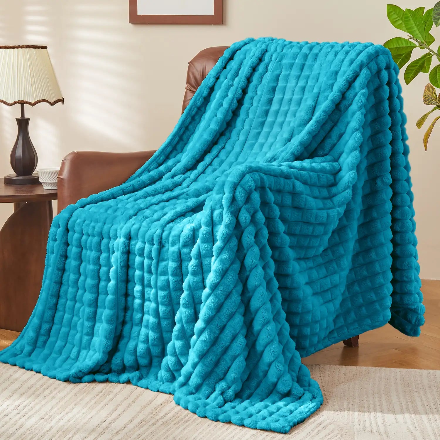 3D Checkered Jacquard Throw Blanket Teal
