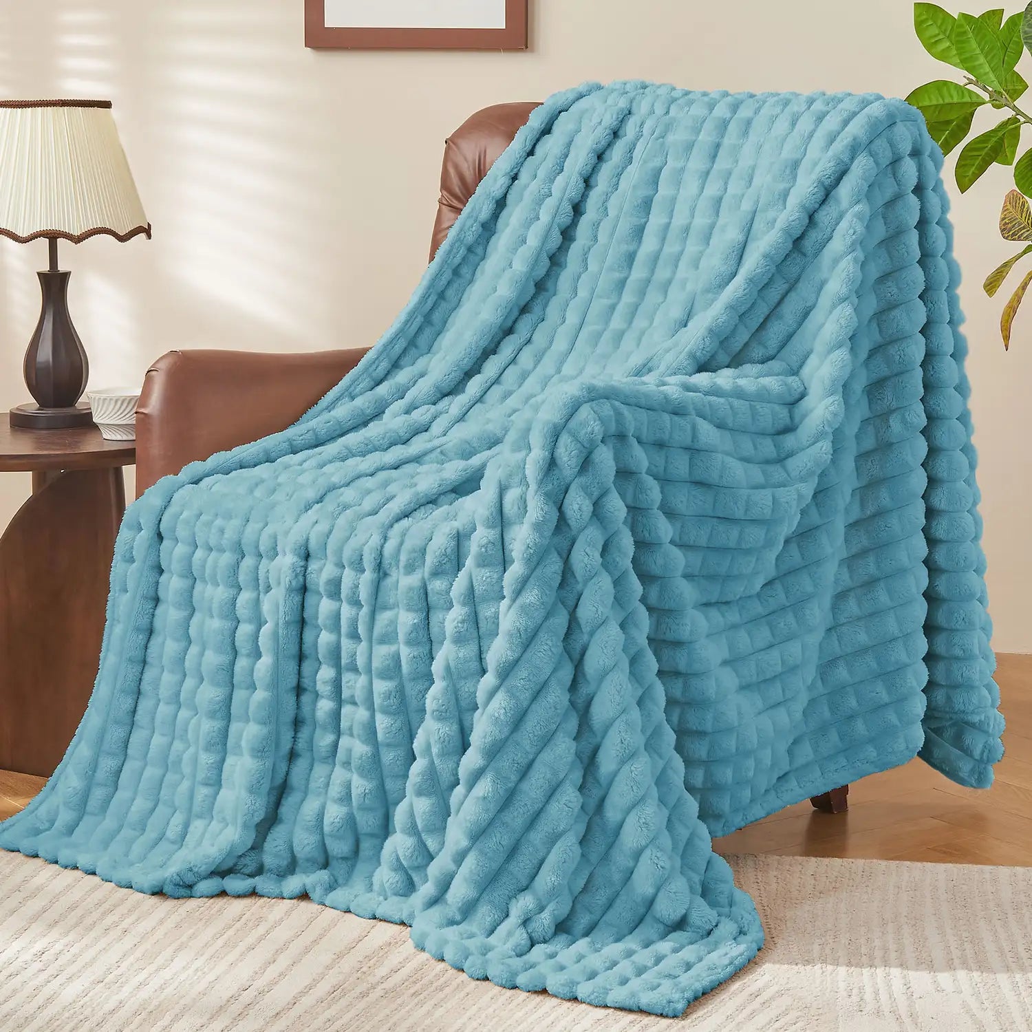 3D Checkered Jacquard Throw Blanket Washed Blue