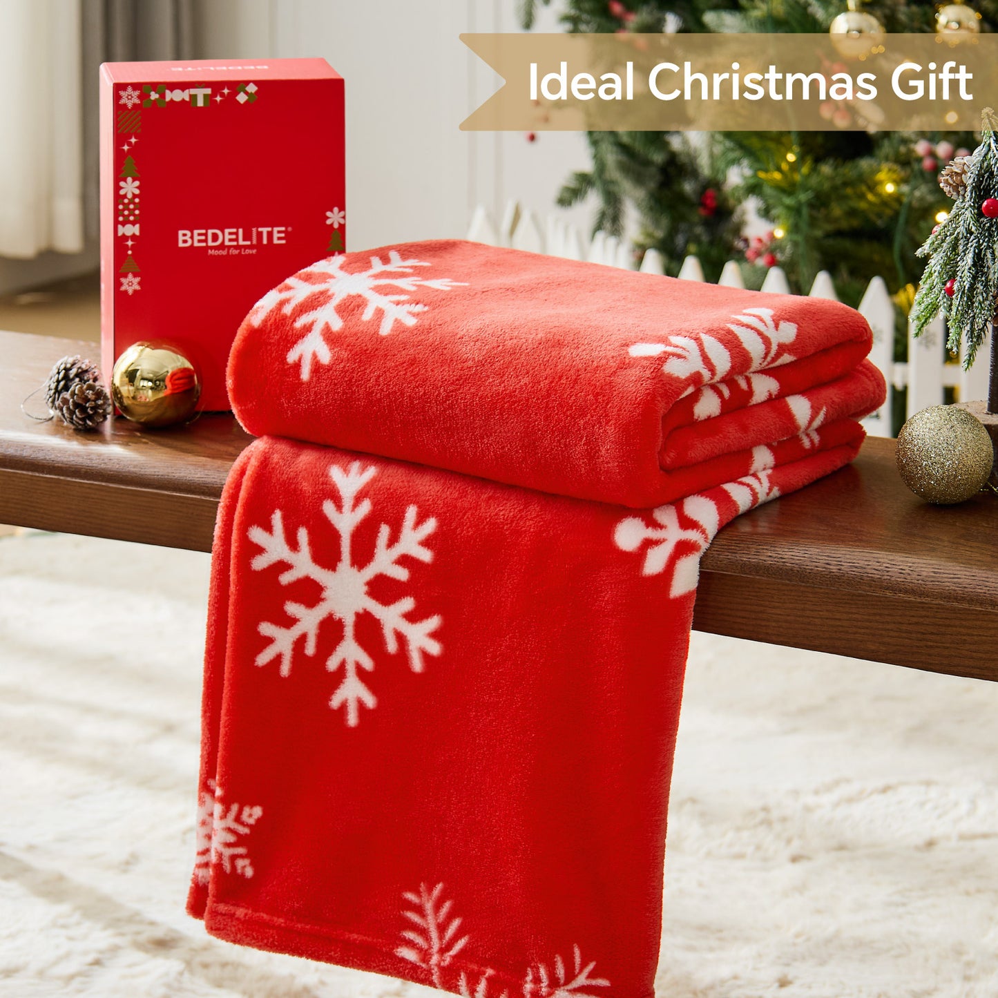 BEDELITE Christmas Throw Blanket– Cozy Holiday Blanket with Red Snowflake Design, Soft Lightweight Fleece Christmas Blanket for Couch & Bed, Festive Home Décor & Gift