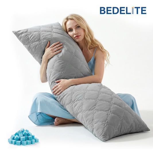 BEDELITE Cooling Body Pillow for Adults, Creative Ultra Soft Cool-Touch Quilted Nylon-Spandex Body Pillow Cover, Adjustable Memory Foam Long Pillow for Side Sleepers, Pregnancy & Back Pain(Light Grey)