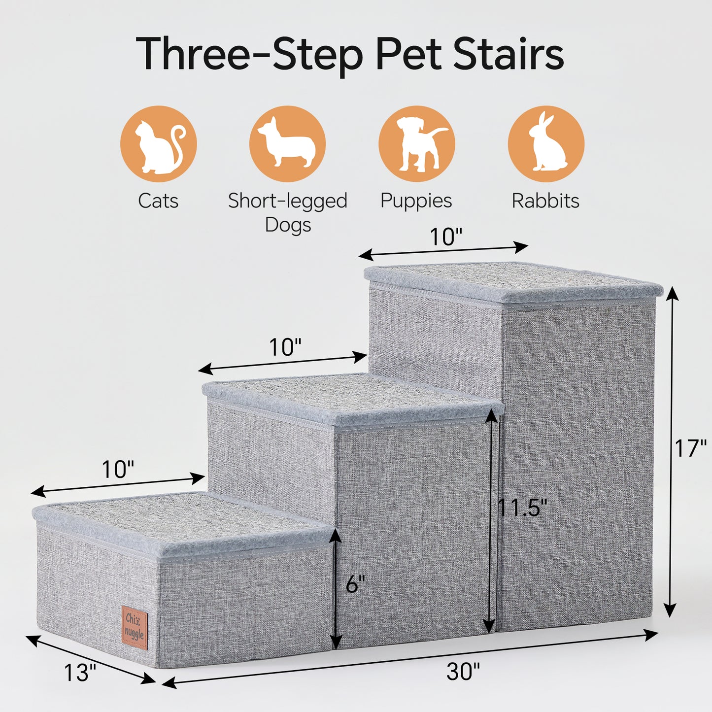 ChiXnuggle Dog Stairs for Bed and Couch - 17" H, 3 Step Portable Dog Steps with Detachable Mats & Storage, Foldable Pet Steps for Small Medium or Large Dogs Puppy, Grey