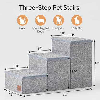 ChiXnuggle Dog Stairs for Bed and Couch - 17" H, 3 Step Portable Dog Steps with Detachable Mats & Storage, Foldable Pet Steps for Small Medium or Large Dogs Puppy, Grey