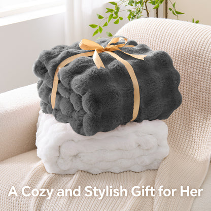 BEDELITE Faux Fur Throw Blanket, Soft Cozy Plush Bubble Blanket for Couch Sofa Bedroom Living Room Decor - 870GSM Thick Warm Fuzzy Fluffy Faux Rabbit Fur Blanket