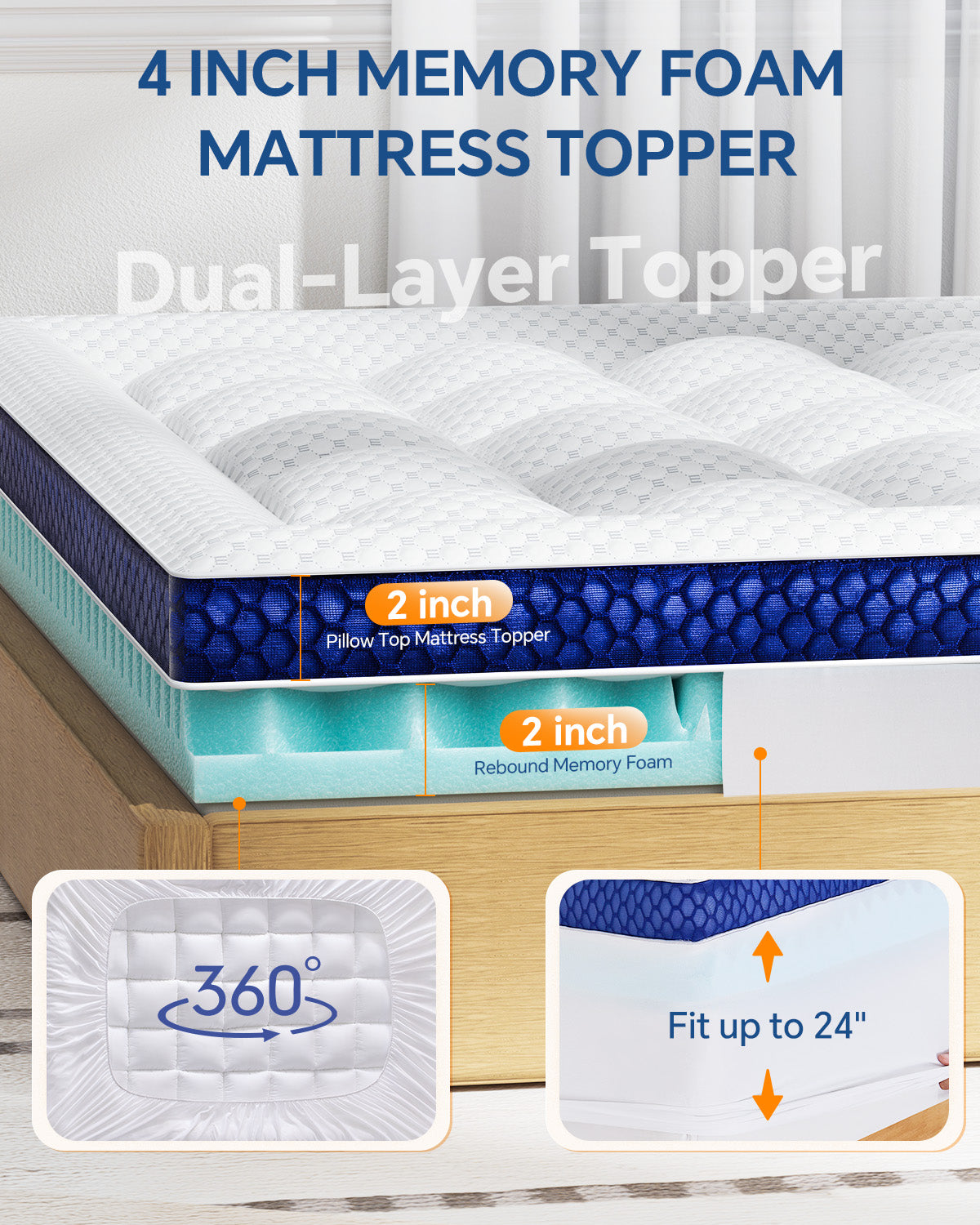 BEDELITE Mattress Topper Dual Layer 4 Inch Memory Foam Mattress Topper, Bamboo Pilow Top Mattress Pad and Premium Gel Foam Mattress, with Stretchable Pockets Up to 6"-24"