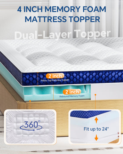 BEDELITE Mattress Topper Dual Layer 4 Inch Memory Foam Mattress Topper, Bamboo Pilow Top Mattress Pad and Premium Gel Foam Mattress, with Stretchable Pockets Up to 6"-24"