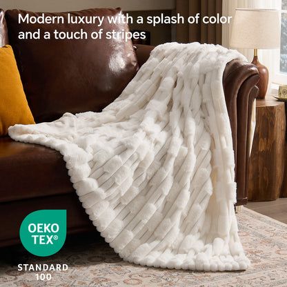 BEDELITE Faux Fur Throw Blanket for Couch - Super Soft & Warm Plush Striped Blanket for Sofa and Room Decor, Luxury Cozy Plush Fluffy Winter Blanket Gifts for Women Men Mom Dad