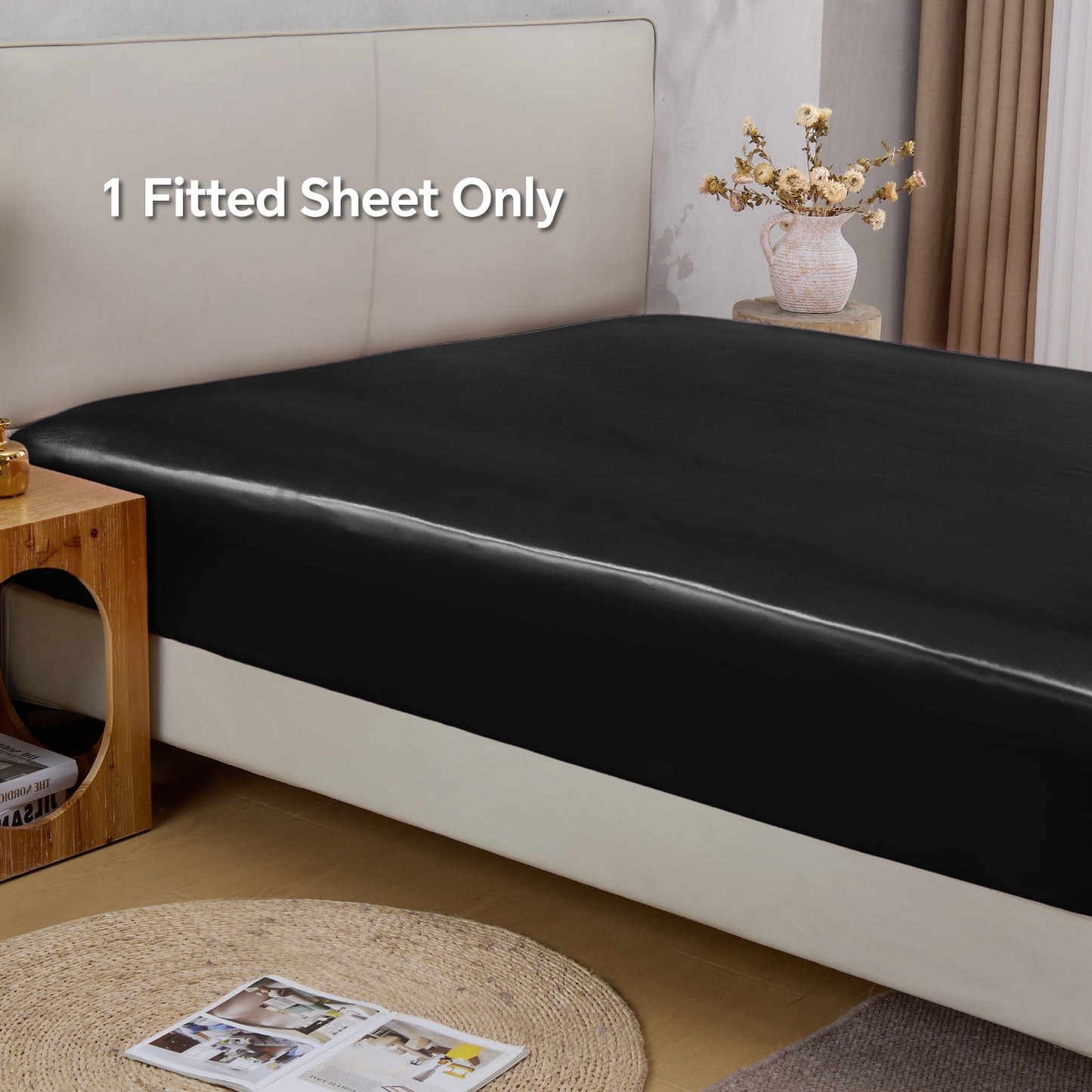 BEDELITE Satin Fitted Sheet with Elastic Corner Straps, Luxury Soft Silk-Like Bed Sheet for Hair & Skin, 1 Deep Pocket Fitted Sheet Only Fits 15" Mattress, Fade & Wrinkle Resistant
