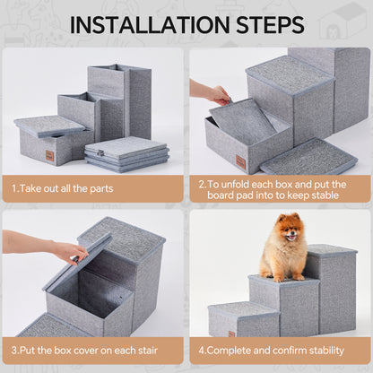 ChiXnuggle Dog Stairs for Bed and Couch - 17" H, 3 Step Portable Dog Steps with Detachable Mats & Storage, Foldable Pet Steps for Small Medium or Large Dogs Puppy, Grey