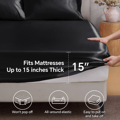 BEDELITE Satin Fitted Sheet with Elastic Corner Straps, Luxury Soft Silk-Like Bed Sheet for Hair & Skin, 1 Deep Pocket Fitted Sheet Only Fits 15" Mattress, Fade & Wrinkle Resistant