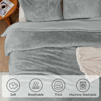 BEDELITE Faux Fur Fleece Queen Comforter Set - Fluffy & Warm Grey Comforter Queen Size，Ultra Soft and Cozy Winter Bedding Set,Fuzzy Thick Bed Set,1 Comforter and 2 Pillowcases