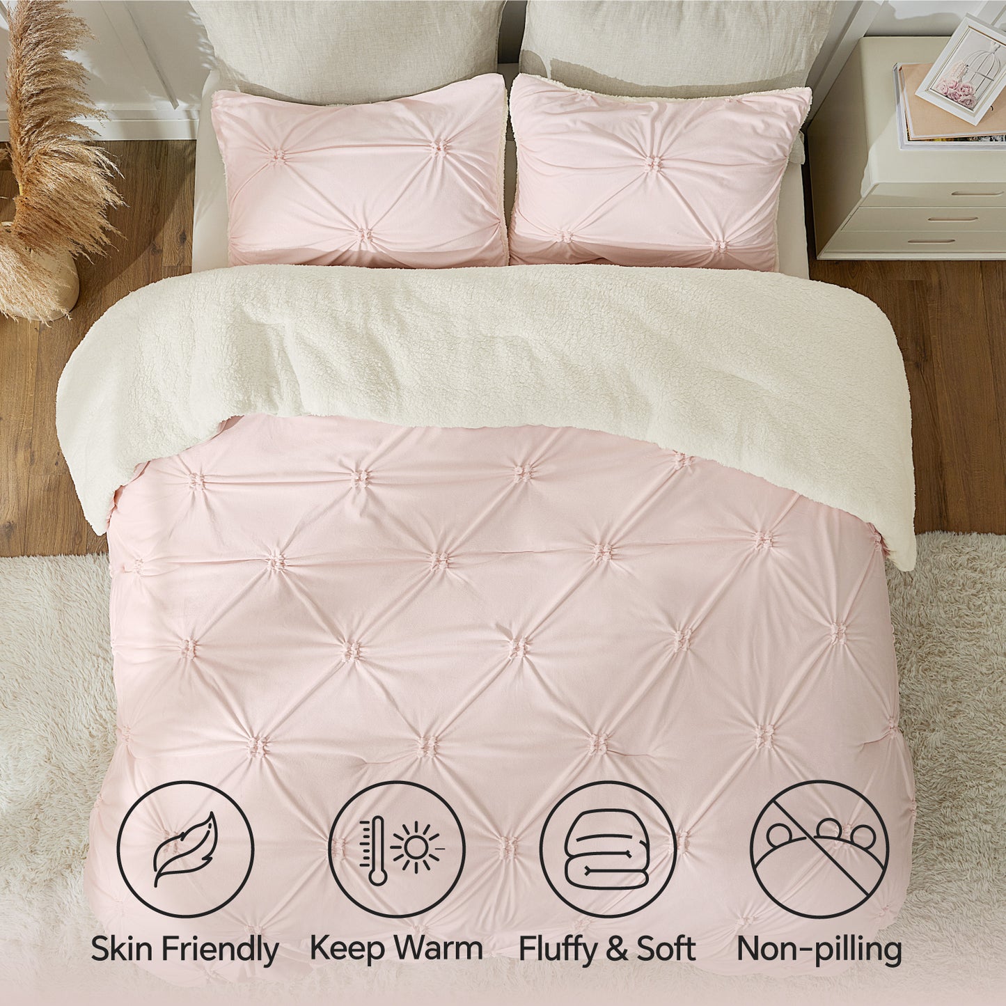 BEDELITE Pintuck Fluffy Comforter Set - Super Soft Sherpa Comforter , Luxury Warm Bedding Set for Winter, Fuzzy Bed Set